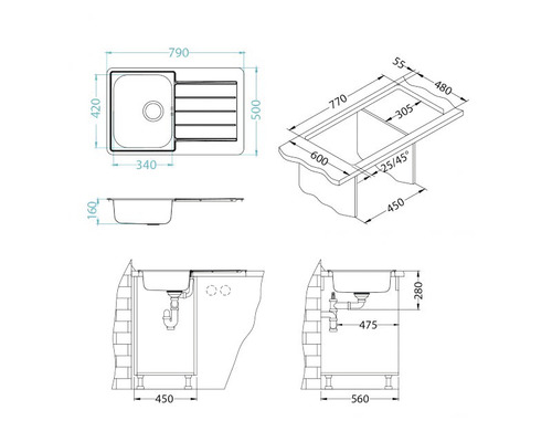 Desen tehnic cu dimensiunile unei chiuvete de bucătărie.