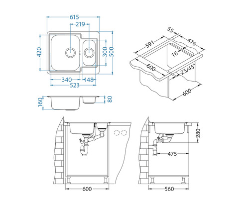 Desen tehnic al unei chiuvete cu dimensiuni