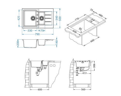 Desen tehnic al unei chiuvete cu dimensiuni.