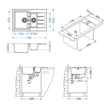 Desen tehnic cu dimensiunile chiuvetei de bucătărie