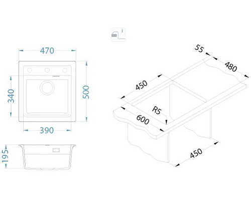 Desen tehnic al unei chiuvete cu dimensiuni