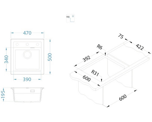 Desen tehnic al unei chiuvete cu dimensiuni