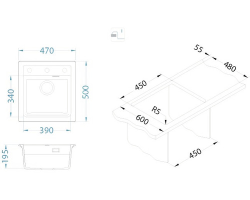 Desen tehnic al unei chiuvete cu dimensiuni.