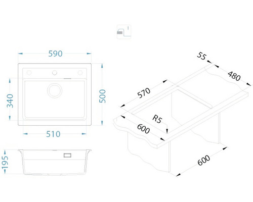 Desen tehnic cu chiuveta cu dimensiuni