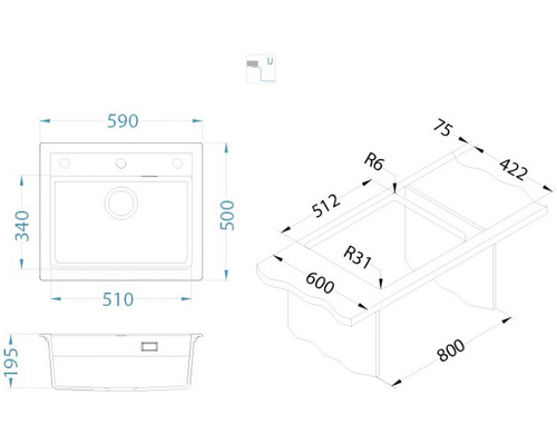 Desen tehnic al unei chiuvete cu dimensiuni.