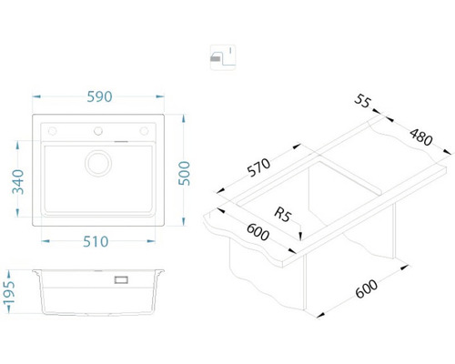 Desen tehnic cu dimensiunile unei chiuvete de bucătărie