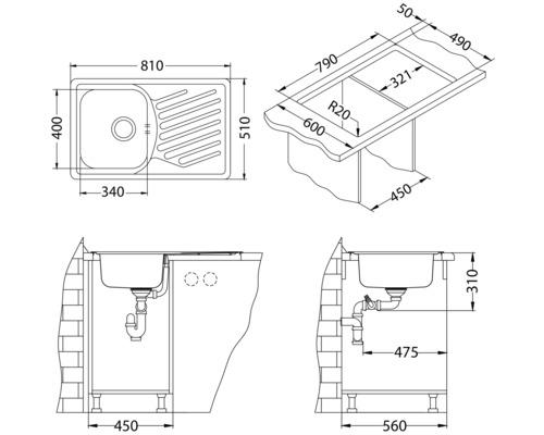 Desen tehnic al unei chiuvete cu dimensiuni