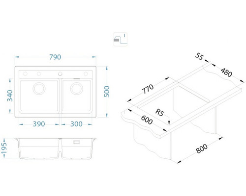Desen tehnic al unei chiuvete duble cu dimensiuni
