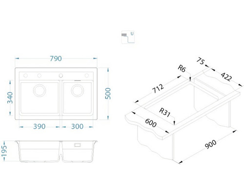 Desen tehnic al unei chiuvete cu dimensiuni