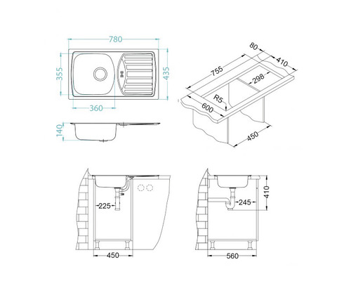 Desen tehnic cu o chiuvetă cu picurător și specificații de dimensiuni