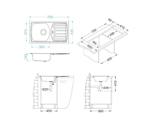 Desen tehnic al unei chiuvete cu dimensiuni