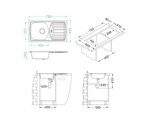 Desen tehnic al unei chiuvete cu dimensiuni