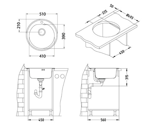 Desen tehnic al unui dulap de lavoar cu dimensiuni