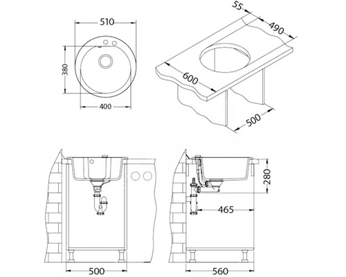 Desen tehnic al unui dulap de lavoar cu dimensiuni.