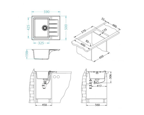 Desen tehnic cu dimensiunile unei chiuvete de bucătărie.