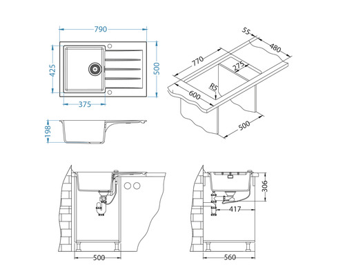 Desen tehnic al unei chiuvete cu dimensiuni