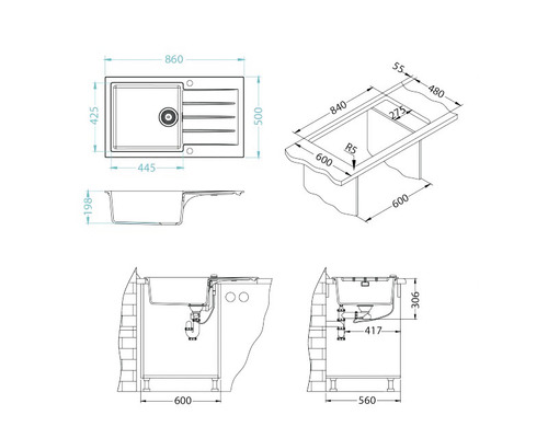 Desen tehnic al unei chiuvete cu dimensiuni.
