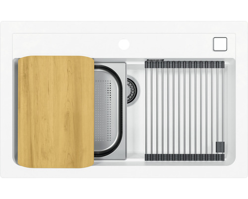 Chiuvetă de bucătărie cu tocător, tavă de scurgere și grătar de scurgere