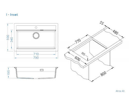 Desen tehnic al unei chiuvete încastrate Atrox 40 cu dimensiuni