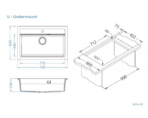 Desen tehnic al unei chiuvete montate sub blat cu dimensiuni.