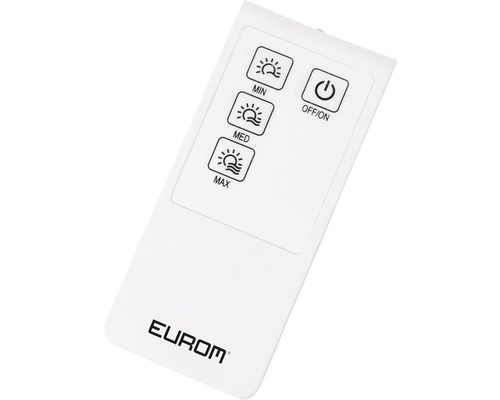 Telecomandă Eurom cu butoane pentru reglarea puterii minime, medii și maxime, precum și pentru pornire și oprire