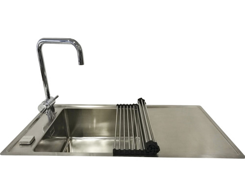 Chiuvetă cu picurător, robinet și suport pentru vase