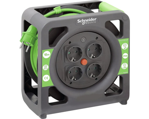 Prelungitor electric pe tambur casetă Schneider 4 prize 15m cablu PVC 3x1,5 mm² Tambur de cablu Schneider Electric cu cablu de 15 metri și patru prize