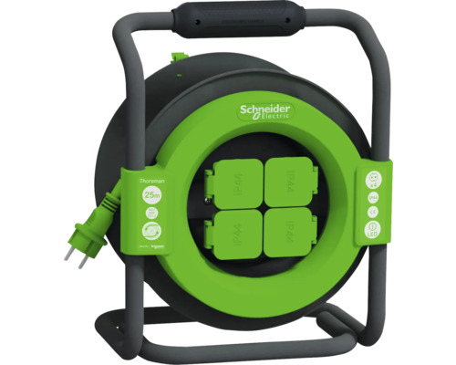 Prelungitor electric pe tambur de plastic Schneider 4 prize 25m cablu PVC 3x1,5 mm², pentru exterior IP44 Prelungitor electric pe tambur de plastic Schneider 4 prize 25m cablu PVC 3x1,5 mm², pentru exterior IP44