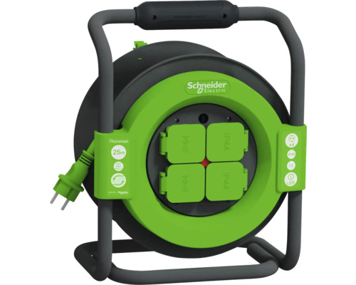 Prelungitor electric pe tambur de plastic Schneider 4 prize 25m cablu PVC 3x2,5 mm², pentru exterior IP44 Prelungitor electric pe tambur de plastic Schneider 4 prize 25m cablu PVC 3x2,5 mm², pentru exterior IP44