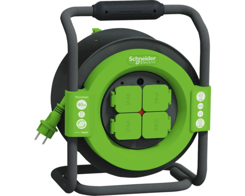 Prelungitor electric pe tambur de plastic Schneider 4 prize 40m cablu PVC 3x1,5 mm², pentru exterior IP44 Prelungitor electric pe tambur de plastic Schneider 4 prize 40m cablu PVC 3x1,5 mm², pentru exterior IP44
