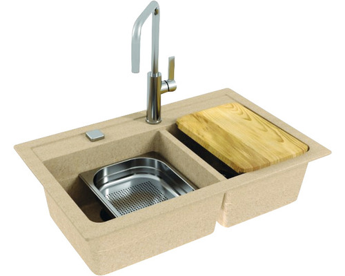 Chiuvetă de bucătărie cu tavă de scurgere, tocător și baterie