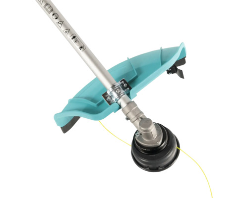 Imagine detaliată cu o mașină de tuns iarba cu dispozitiv de protecție și fir de tuns