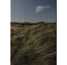 Reprezentare abstractă a unui peisaj cu dune și iarbă sub un cer albastru