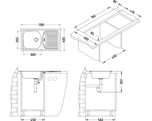 Desen tehnic al unei chiuvete cu dimensiuni.