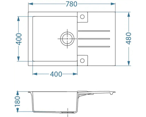 Desen tehnic cu dimensiunile unei chiuvete de bucătărie