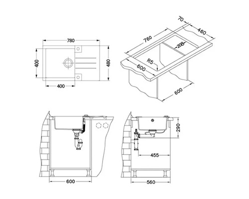 Desen tehnic al unei chiuvete cu dimensiuni