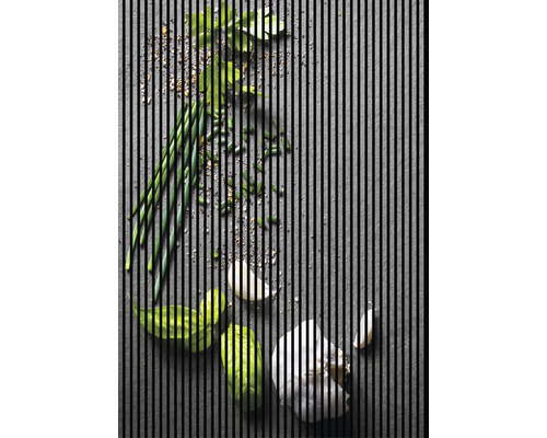 Panou riflaj acustic imprimat digital Verde 3 19x1693x2400 mm Aranjament cu ierburi proaspete și usturoi pe un fundal