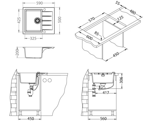 Desen tehnic cu chiuveta de bucătărie și dimensiuni