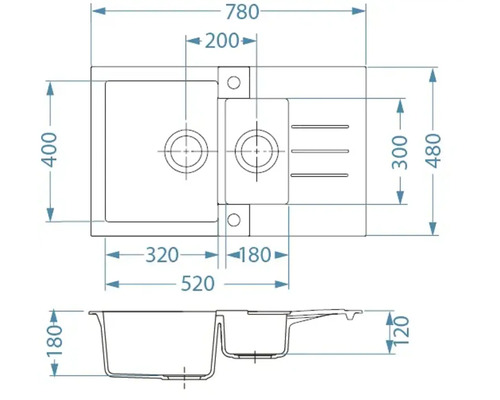 Desen tehnic al unei chiuvete de bucătărie cu dimensiuni