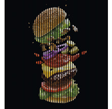 Ilustrație a unui hamburger cu ingrediente precum salată verde, roșii, brânză, ceapă și ciuperci