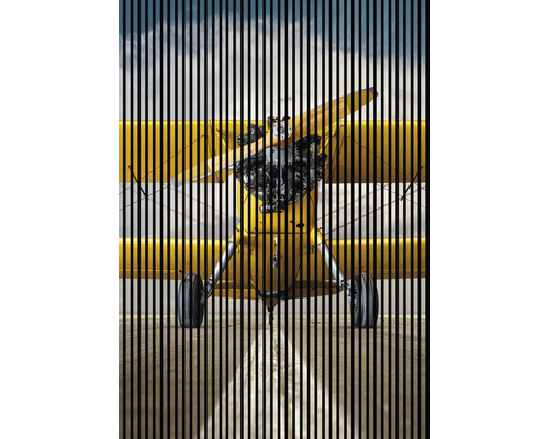 Panou riflaj acustic imprimat digital Avion 3 19x1693x2400 mm Avion galben cu elice și roți privit printr-o grilă