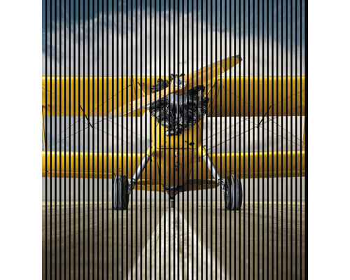 Panou riflaj acustic imprimat digital Avion 3 19x2253x2400 mm Avion biplan galben cu linii verticale negre