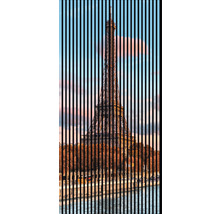 Imagine decorativă pentru fereastră cu vedere la Turnul Eiffel în spatele unor dungi verticale negre.