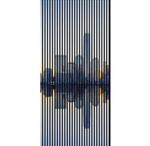 Orizontul unui oraș cu zgârie-nori și reflexie în apă, străbătut de linii verticale