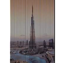 Ilustrație a zgârie-noriului Burj Khalifa în spatele unor linii verticale