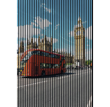 Ilustrație cu Londra cu autobuz etajat și Big Ben în spatele unor dungi verticale