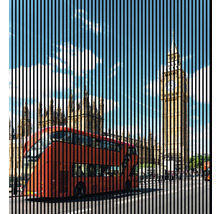 Ilustrație a unei scene londoneze cu un autobuz cu etaj și Big Ben