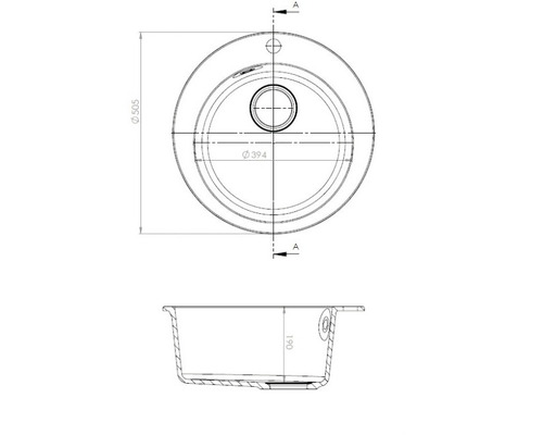 Desen tehnic al unei chiuvete rotunde cu dimensiuni