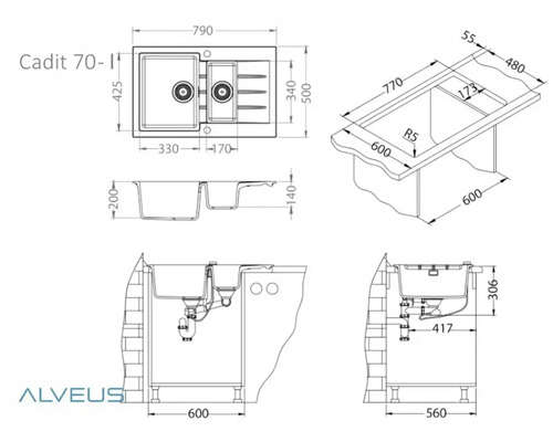 Desen tehnic cu chiuveta Alveus Cadit 70-I cu dimensiuni.