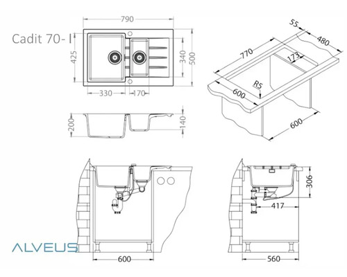 Desen tehnic al unei chiuvete Alveus Cadit 70-I cu indicații de dimensiuni